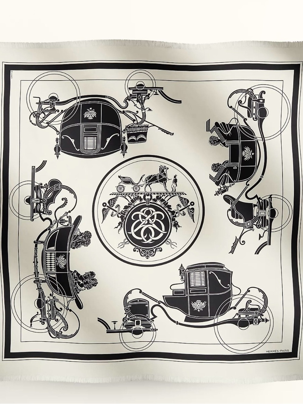 Hermes Black and White Silk Carriage Motif fringed scarf 80
